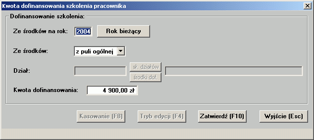 Po wybraniu jednej z tych dwóch opcji na ekranie wyświetlane jest okno służące do wprowadzenia pojedynczej kwoty dofinansowania szkolenia.