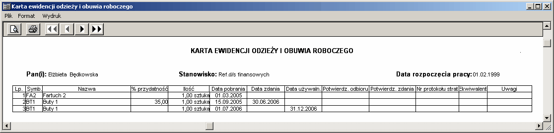 W oknie tym wprowadzane są następujące informacje: Data pobrania - data pobrania odzieży roboczej przez pracownika. Wypełnienie tego pola jest obowiązkowe. Data zdania - data oddania odzieży roboczej.