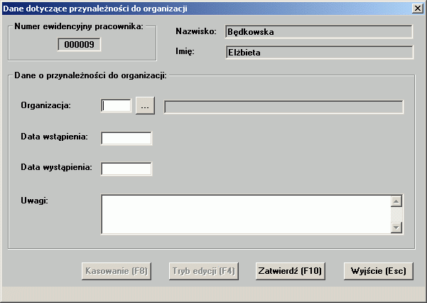 2.3.27 Przynależność do organizacji Przegląd, modyfikację i wprowadzanie informacji o organizacjach, do których należy pracownik umożliwiają opcje zawarte w oknie Przynależność do organizacji.