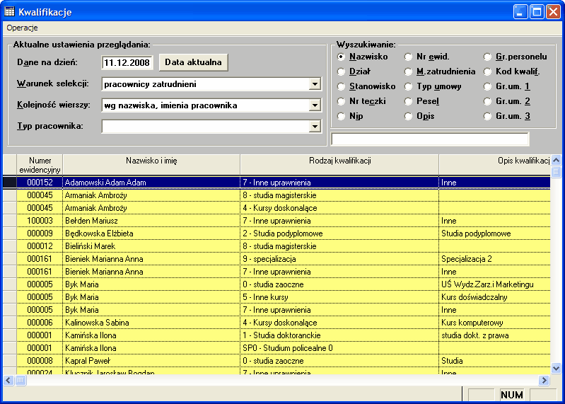 2.4.4 Kwalifikacje Jest to opcja systemu służąca do grupowego przeglądania i modyfikacji kwalifikacji pracowników.