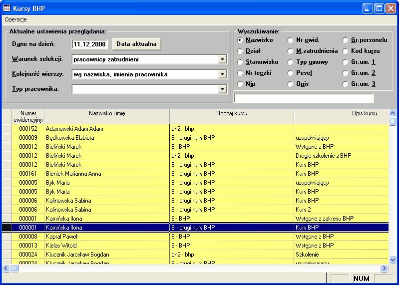 2.4.7 Kursy BHP Jest to opcja systemu służąca do grupowego przeglądania i modyfikacji kursów BHP pracowników.