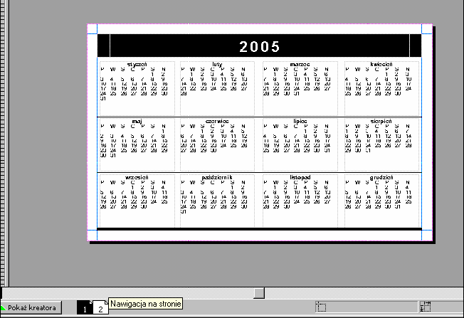 Następnie ustalamy rok, dla którego utworzymy kalendarz, wybieramy zakres czasowy (przycisk Zmieo zakres danych), kolory (polecenie Schemat kolorów) i orientację (Pozioma).