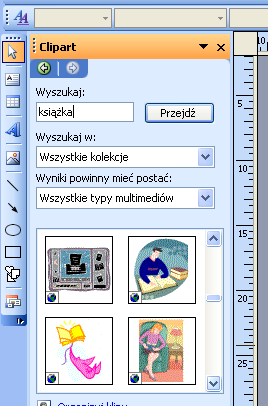 Dodawanie grafiki Aby do publikacji wstawid grafikę - obiekt ClipArt, wybieramy przycisk Ramka Obrazu z paska narzędzi Obiekty. Klikamy w ikonę Ramka obrazu, a następnie wybieramy polecenie Clipart.