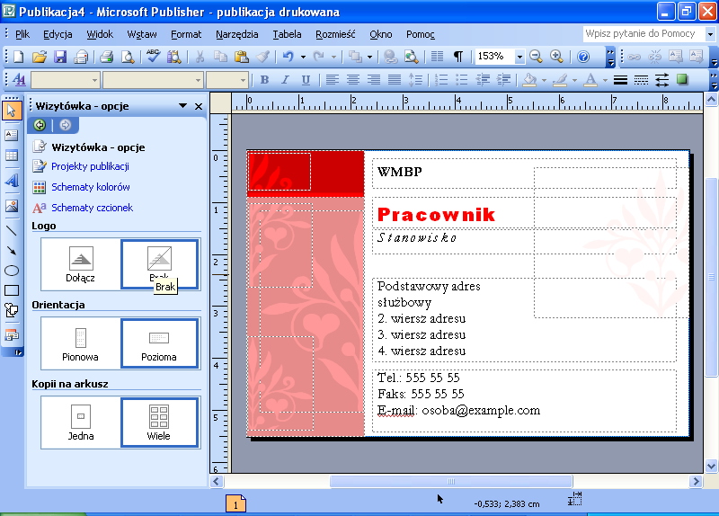 Program MS Publisher - przygotowywanie materiałów promocyjnych Cz. 3. Wykonanie wizytówki W oknie Nowy z projektu (Zestawy wzorcowe) wybieramy polecenie Wizytówki.