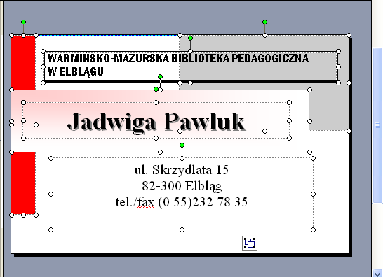 Pola tekstowe możemy wypełnid kolorem. Aby to zrobid, należy: zaznaczyd wybraną ramkę tekstową, wybrad na pasku formatowania ikonę Kolor wypełnienia, wybrad Efekty wypełnienia i styl (np.