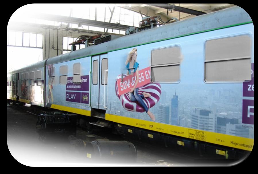 Powierzchnie reklamowe na pudle EZT Grafika zewnętrzna na pociągach to największa dostępna powierzchnia reklamy mobilnej.
