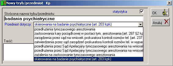 109 Dział 1.1 k) wpływ spraw K w trybie uproszczonym W dziale tym zliczane są sprawy K z zaznaczonym przełącznikiem Uproszcz. (rys. 10.30) Rys. 10.30 Okno Sprawa.