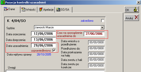 115 Jako sprawę załatwioną na terminie uznaje się zakreśloną sprawę, w której zarejestrowano termin z zaznaczonym przełącznikiem termin kończący (rys. 10.40).