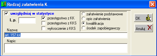 121 na wpisanie nazwy, pod jaką dany artykuł ma być prezentowany na liście rodzajów przestępstw w statystyce. Jeśli pole to pozostanie puste, do zestawienia brana jest nazwa.