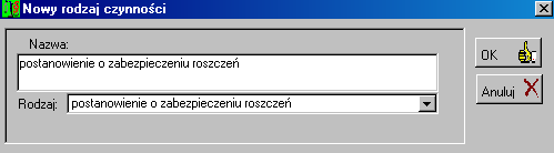 139 11.4 Rodzaje czynności W konfiguracji można też zdefiniować różnego rodzaju czynności, które tyczą się danej sprawy. Lista typów czynności została przedstawiona poniżej. Rys. 11.9 lista rodzajów czynności Aby utworzyć na niej nową pozycję należy skorzystać z klawisza Dodaj.