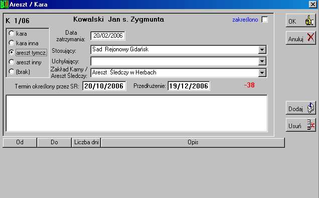 33 Zakładka Areszty dla spraw w repertorium K, Kp, Ko, Ks W repertoriach K, Kp, Ko, Ks dodatkowo pojawia się zakładka Areszty.