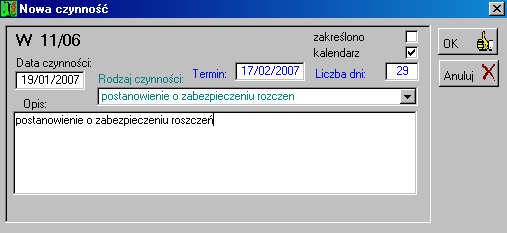 39 - wydanie wyroku nakazowego postanowienie o zabezpieczeniu roszczeń Rys. 3.9 zakładka czynności Rejestracja nowej czynności odbywa się poprzez użycie klawisza Dodaj.