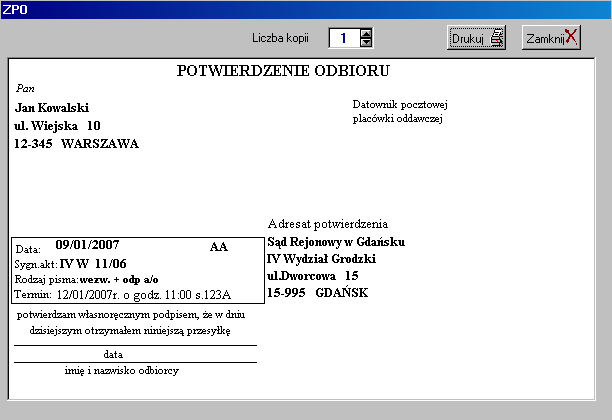 55 Mamy możliwość wydrukowania takiej koperty, a później także zwrotki: Rys. 5.4 okno zwrotki Na zwrotce, dla ułatwienia, umieszczają się automatycznie m. in.