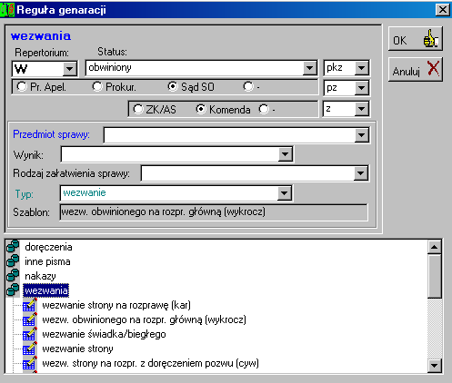 59 przełączniki służące do wyboru instytucji, do której można przygotować np. kopię pisma, koperty czy zwrotki wysłanej danej stronie Rys. 5.9. Wpisanie nowej reguły generacji.