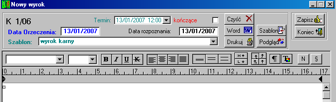 64 Drugim sposobem jest skorzystanie z ikon w głównym menu programu i tak: - pozwala na utworzenie nowego wyroku, po podaniu sygnatury sprawy - służy do tworzenia nowego postanowienia - użycie tej