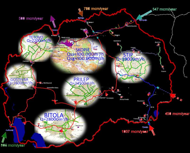 Projekty strategiczne sektora energetycznego Gazociąg Obecnie gazociąg istnieje w: Kumanovo Strumica Planowane systemi gazociągu SKOPJE PRILEP GOSTIVAR TETOVO STIP BITOLA 2015 80 million m 3 /rocznie