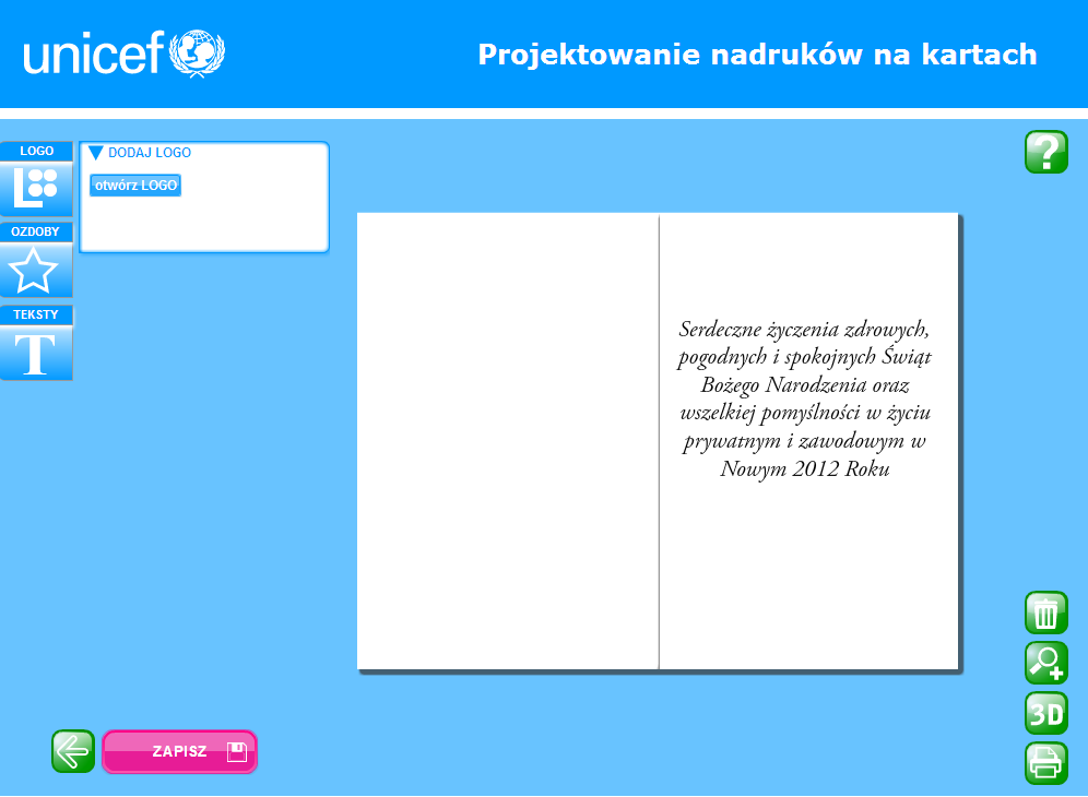 Projektowanie: życzenia Na stronie programu wyświetlają się przykładowe życzenia świąteczne.