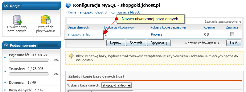 Po wprowadzeniu powyższych informacji i kliknięciu przycisku Utwórz zostanie na serwerze założona baza danych, w której będą zapisywane wszystkie dane ze sklepu.