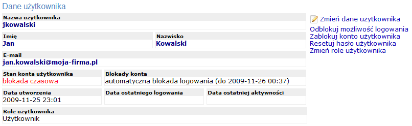 Zarządzanie użytkownikiem Po wejściu szczegółowe dane użytkownika można: przeglądad jego dane i przejśd do ich edycji (odnośnik Zmieo dane użytkownika ), przeglądad bieżący stan konta oraz blokady,