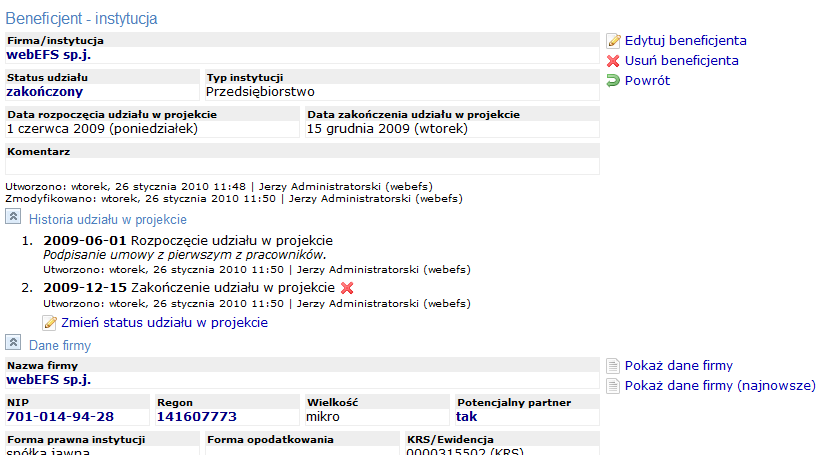 W pierwszej sekcji znajdują się informacje na temat typu instytucji, bieżącego statusu beneficjenta w projekcie oraz komentarz, jeśli został wprowadzony.