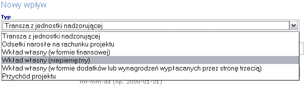 . Jesteśmy wtedy przenoszeni do widoku, w którym możemy wprowadzid nowy pływ po wcześniejszym wyborze jego typu z listy, np.