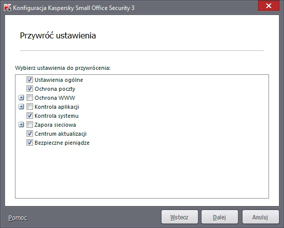 Krok 2. Przywracanie ustawień Okno Kreatora pokazuje, które moduły Kaspersky Small Office Security mają zmienione ustawienia w wyniku ingerencji użytkownika lub w wyniku uczenia programu (np.