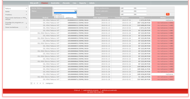 2.3 Finanse W module Finanse znajdują się dane o rozliczeniach pomiędzy Klientem i Orlen Asfalt. Domyślną stroną modułu jest strona Faktury. 2.3.1 Faktury 2.