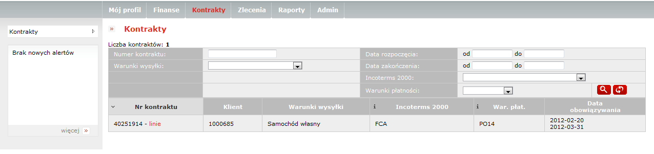 Faksy Adresy e-mail W sekcji kontakt finansowy: Rola Kontakt 2.4 Kontrakty W module Kontrakty znajdują się dane o kontraktach w ramach umów zawartych pomiędzy Klientem i ORLEN Asfalt.