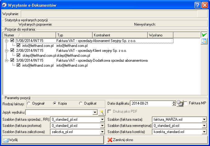 e-mail zostanie wysłana konkretna faktura. Aby rozpocząć wysyłanie faktur w serii na właściwe adresy e-mail kontrahentów, należy kliknąć na przycisk Wyślij.