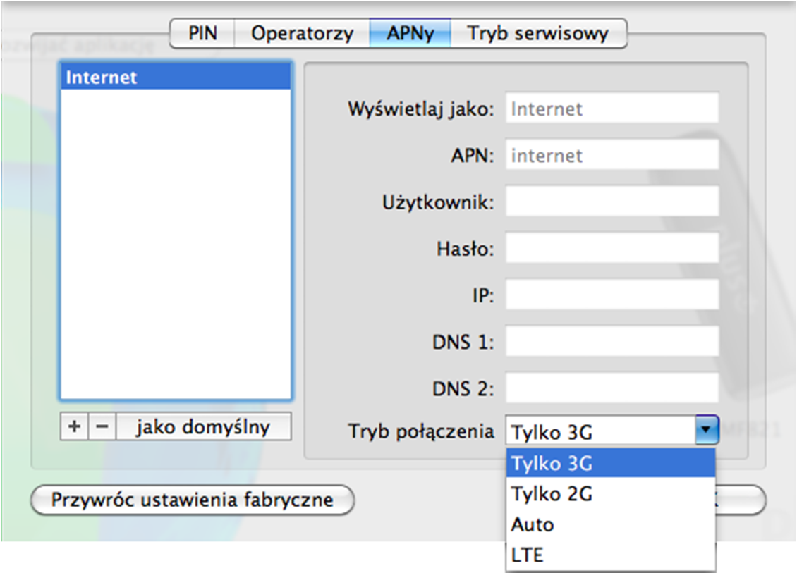 Zarządzanie APN Proszę wybrać ikonę Preferencje, zakładka APNy. Dodawanie nowego APN dostępne jest po kliknięciu +. Po tej akcji należy wypełnić pola ze szczegółami nowego APN po prawej stronie.