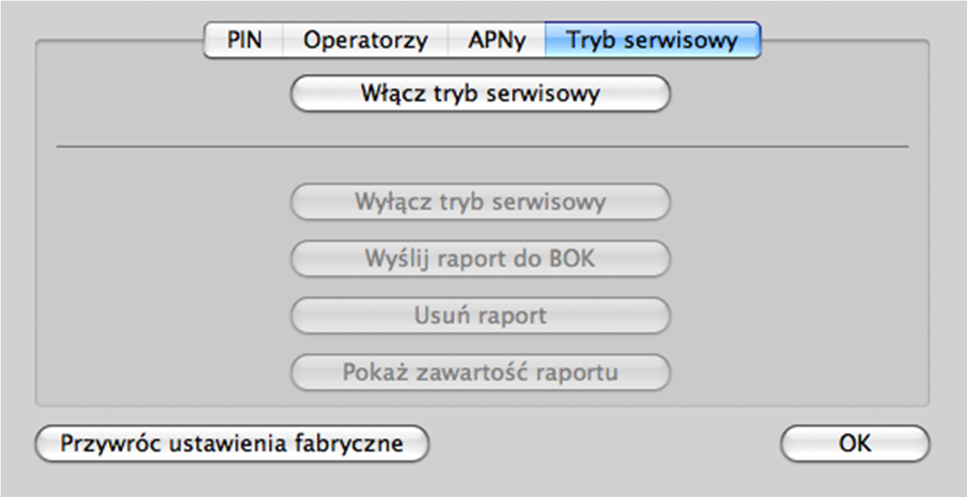 Tryb serwisowy Proszę wybrać ikonę Preferencje, zakładka Tryb Serwisowy.