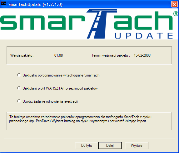 5. Instalacja programu oraz pakietów oprogramowania dla tachografów SmarTach w komputerze WARSZTAT 5.1 Instalacja programu SmarTach Update Podłączyć PenDrive do komputera WARSZTAT.