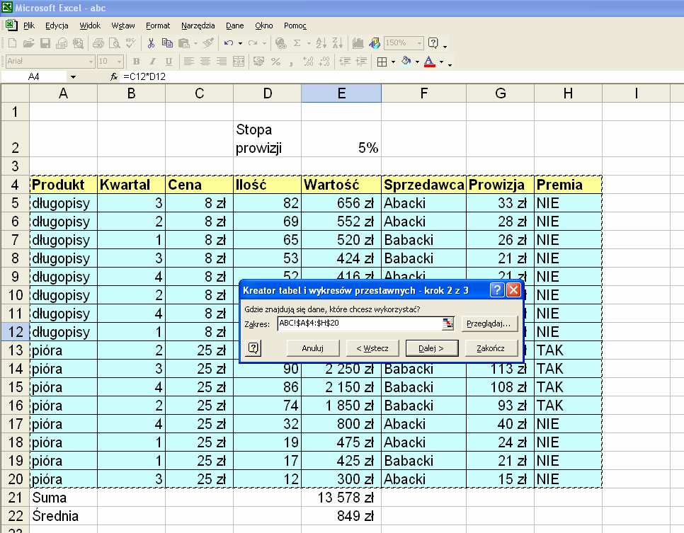 Jeżeli podsumowuję zawartość jednej tabeli, zaznaczam opcję Lista lub baza danych Microsoft Excel.
