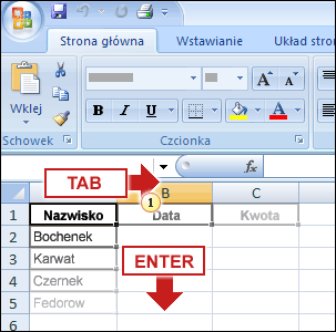 MS Excel Klawisz TAB przesuwa w prawo. Klawisz ENTER przesuwa w dół.