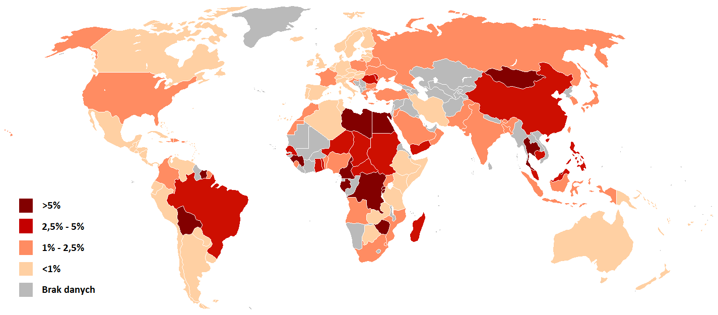 22 2 Podstawy biologiczne Rysunek 2.3: Obszar występowania wirusa HCV w 1999 roku. Na mapie zaznaczono procentowy udział osób zainfekowanych w całkowitej populacji kraju.