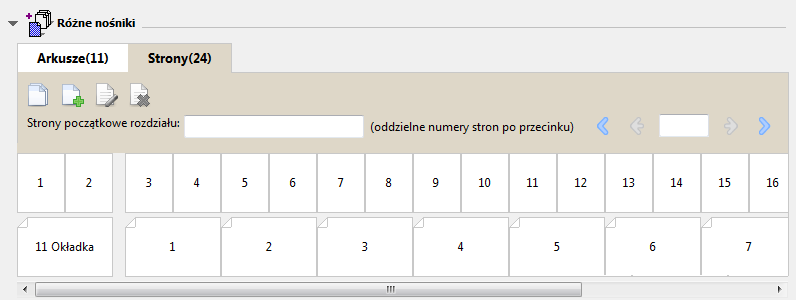 Booklet Maker 275 Ilustracja przedstawia zadanie wyświetlane w formie stron. Numer obok pozycji Strony na karcie wskazuje liczbę stron w dokumencie, którą odzwierciedlają miniatury w górnym rzędzie.