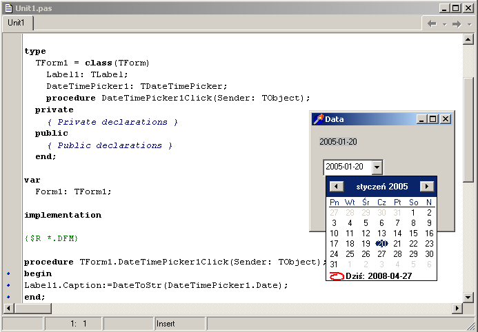 Data i czas Odebranie z komponentu DateTimePicker wybranej