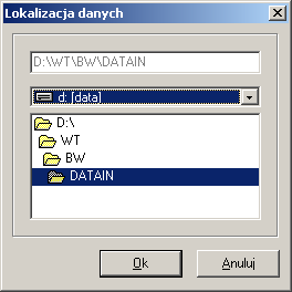 BW for Windows User s Guide 5 Katalogi program daje moŝliwość ustalenia lokalizacji plików danych i wyników. Operację wyboru katalogów wykonujemy przy pomocy okna dialogowego LOKALIZACJA DANYCH.