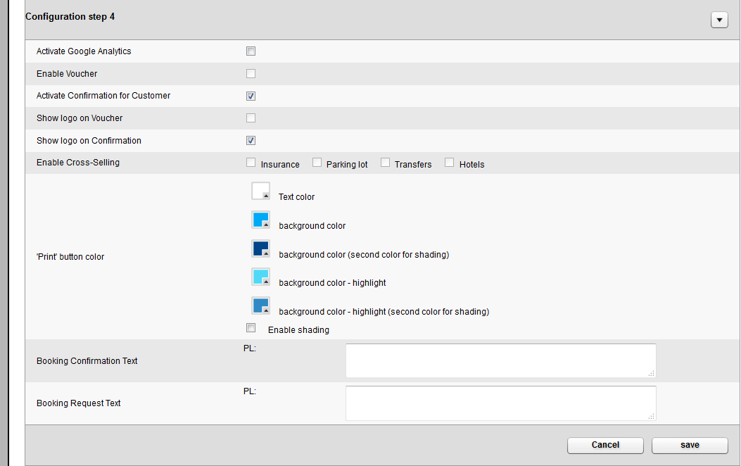Ustawienia krok 4 Ustawienia krok 4 Pole Włącz Google Analytics Włącz voucher Włącz potwierdzenie dla klienta Pokaż logo na