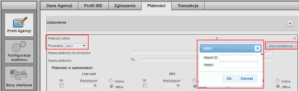 b) Płatność online: procedura dotpay Po wybraniu typu "Płatność online: z procedurą: dotpay" klikamy na przycisk: "Dane kontaktowe" w celu uzupełnienia niezbędnych pól: Klient ID, URLC PIN do