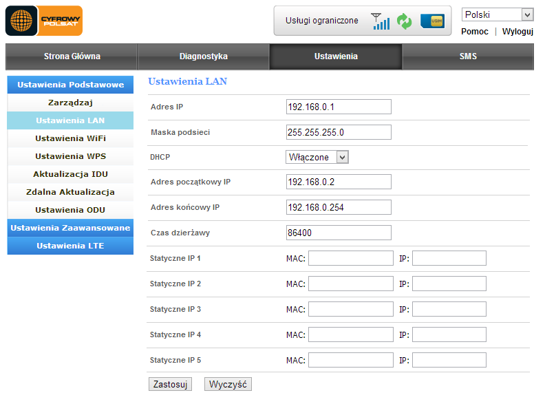 DHCP jest to serwer automatycznego przyznawania adresów IP nową połączonych urządzeo do naszej sieci wewnętrznej, możemy go włączyd lub wyłączyd, domyślnie ta opcja jest włączona Adres początkowy IP