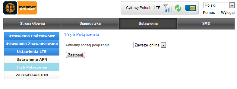 Tryb połączenia W zakładce Tryb Połączenia możemy zmienid tryb domyślnego połączenia z Internetem. Wybierz opcję Zawsze online, aby router automatycznie łączył się z Internetem.