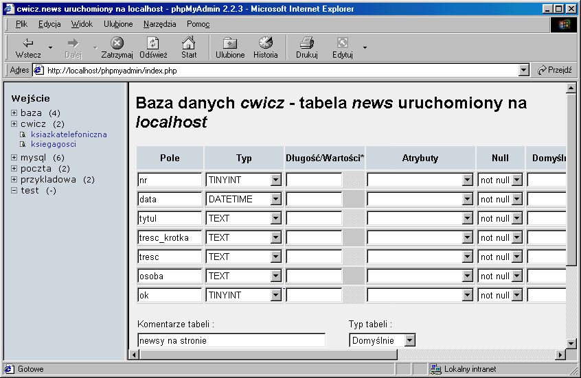 Rys. 9.3. Zakładanie tabeli news. Pierwszym z siedmiu pól tabeli jest numer newsa (o nazwie nr). Należy wybrać dla niego opcję auto_increment w kolumnie Extra, a także zaznaczyć cechy Index i Unique.