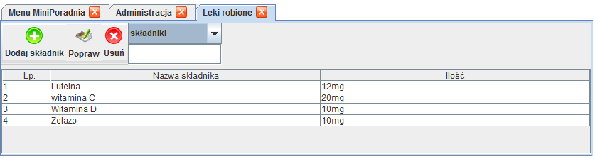 Leki Recepturowe użytkownik ma możliwość zdefiniowania składników dla leku recepturowego. Wprowadzone składniki pozwalają na szybkie uzupełnienie recepty o wymagane pozycje.