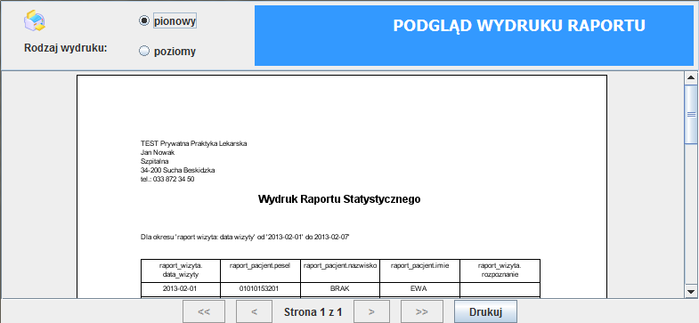 W prawym górnym rogu programu znajduje się wyszukiwarka, ułatwiająca szybkie wyszukanie pożądanego raportu.