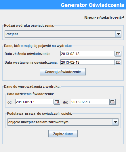 Generowanie Oświadczenia W przypadku gdy u pacjenta zostanie wykryty barak ubezpieczenia lub gdy pacjent jest niezidentyfikowany w bazie CWU, lub nie ma kontaktu z system ewuś, można wygenerować