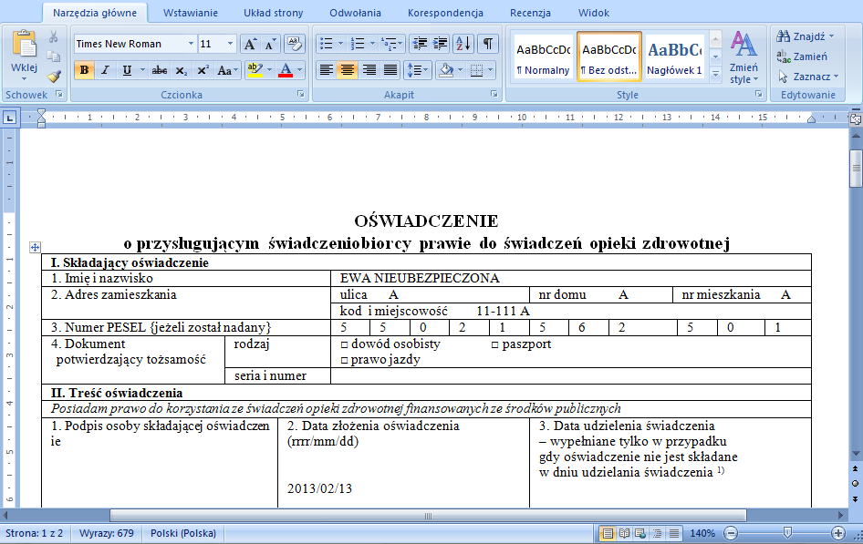 Po wydrukowaniu oświadczenia należy nanieś zmiany w generatorze oświadczeń w sekcji Dane do wprowadzenia z wydruku, w polach data udzielenia świadczenia i Podstawa prawa do świadczeń opieki. ZAUWAŻMY!