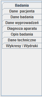 Opisu Modułu EKG Moduł EKG składa się z: Badania Dane pacjenta Dane badania Dane wprowadzenia Dane aparatu Dane techniczne Wykresy \ Wydruki