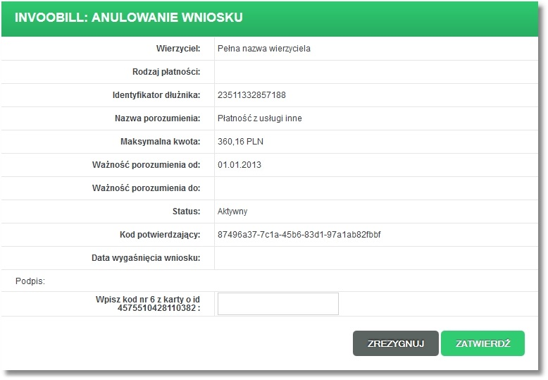 Rozdział 15 Invoobill Poniżej zaprezentowano przykładową formatkę ze szczegółami wniosku o statusie aktywny. 15.2.