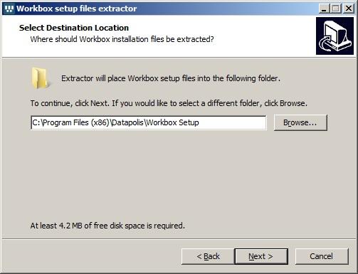 2. Na ekranie powitalnym kliknij przycisk Next. 3. Wybierz katalog, do którego mają zostad rozpakowane pliki instalatora Workbox. Pliki te są niezbędne do przeprowadzenia instalacji programu.